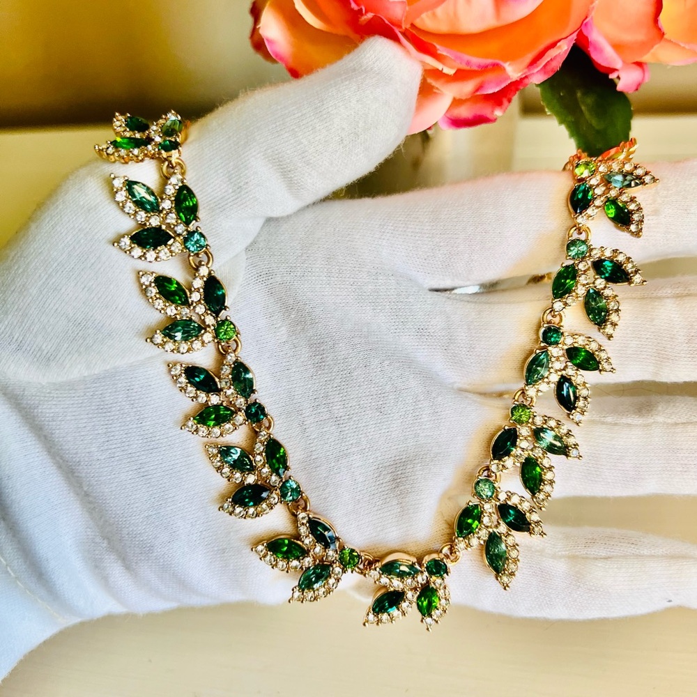 JCrew Gold and Emerald Green Leaf Crystal Necklace - Women Jewelry
